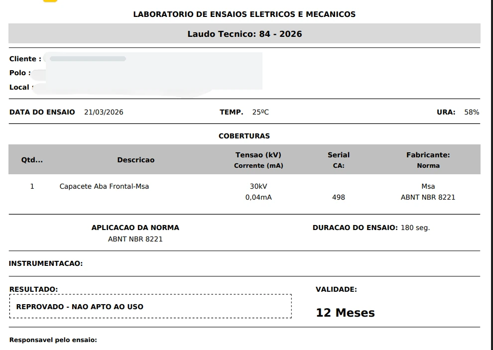 Exemplo de documento com resultados de ensaio e validade, extraído da apresentação